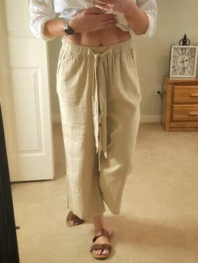 Michael Kors Linen Blend Cropped Wide Leg Pants Tan Elastic Waist Casual Resort